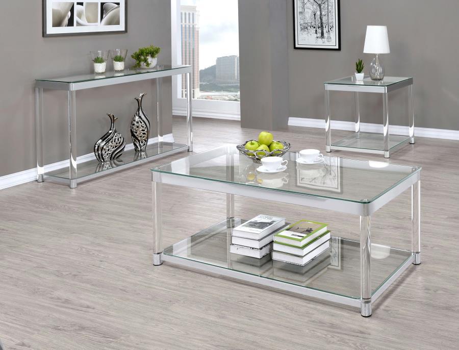 Living Room: Glass Top Occasional Tables - Claude End Table With Lower Shelf Chrome And Clear