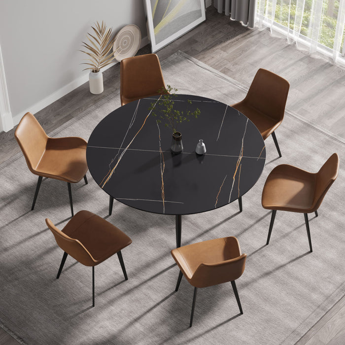 Modern Man-Made Stone Round Metal Dining Table-Position For 6 People - Black