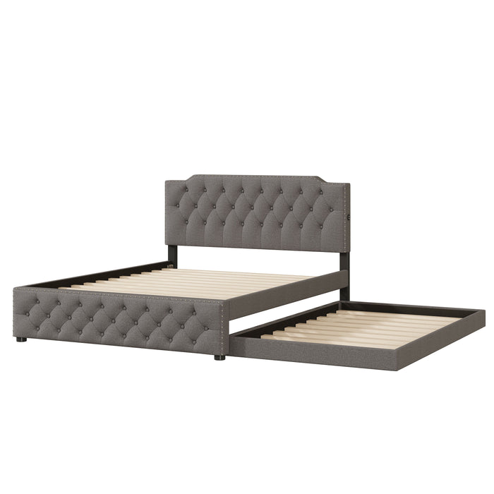 Upholstered Platform Bed With Twin Size Trundle And 2 Sets Of USB Ports On Each Side, Linen Fabric