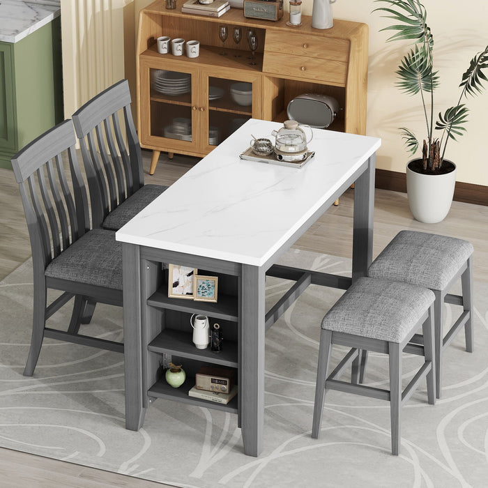 5 Piece Counter Height Dining Table Set With Built-In Storage Shelves - Gray