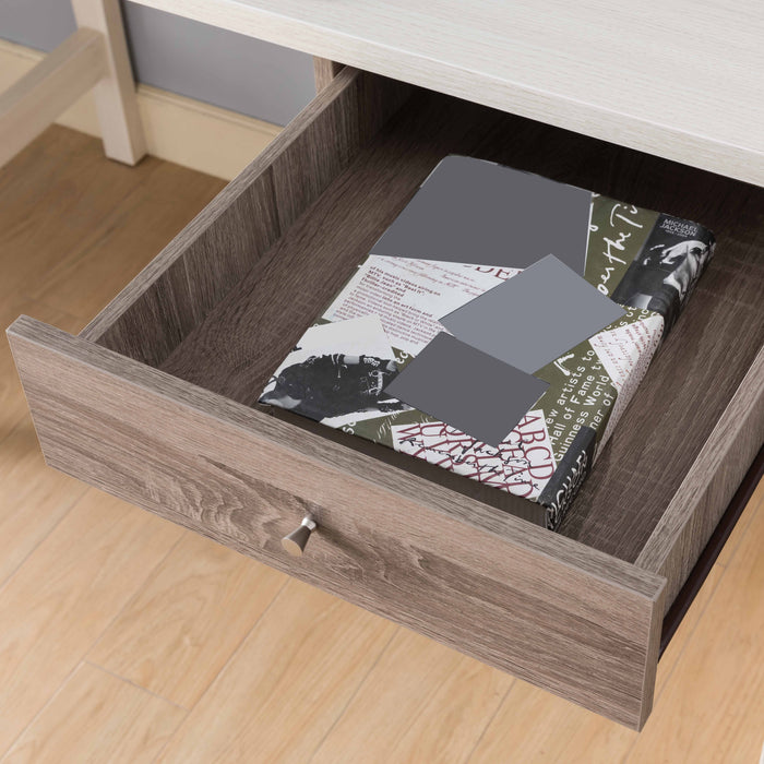 Office Writing Desk With Drawer, Small Bookshelf And USB/Power Outlet - Ivory & Dark Taupe