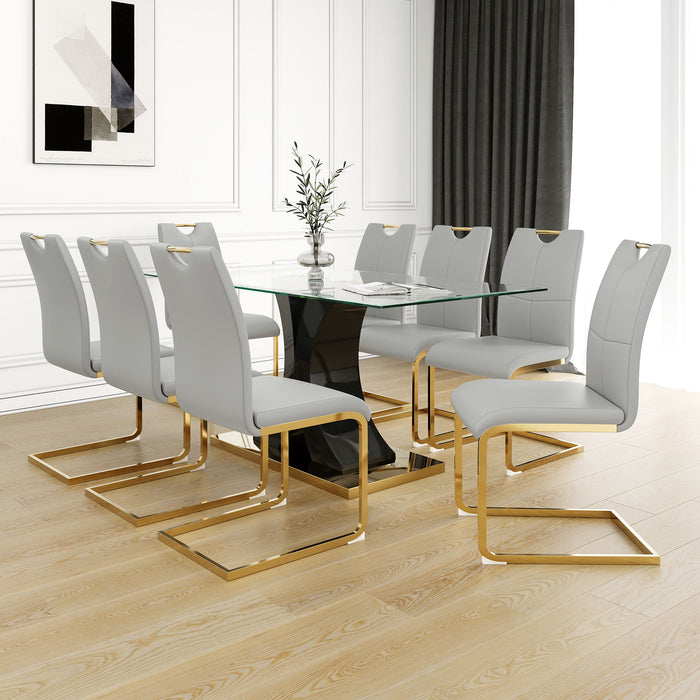 Modern Style Glass Dining Table With Elegant Transparent Design, Solid Support Base, Pale Yellow Dining Chair Set With Gold-Plated Legs, Suitable For Restaurant Kitchens