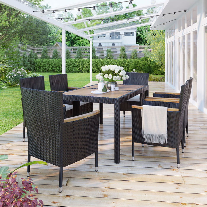 Outdoor Patio Dining Set, Garden PE Rattan Wicker Dining Table And Chairs Set, Acacia Wood Tabletop, Stackable Armrest Chairs With Cushions