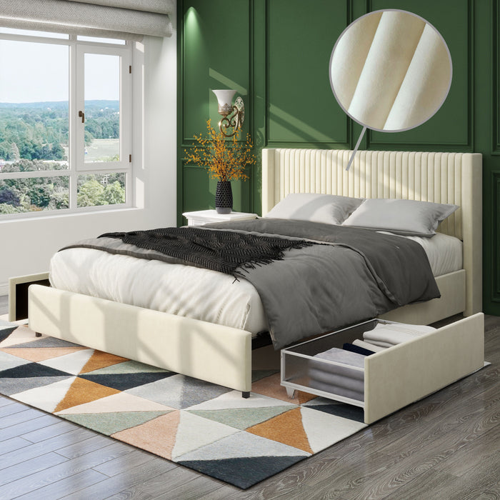 Anna - Upholstered Wingback Platform Bed With 4 Drawers Storage