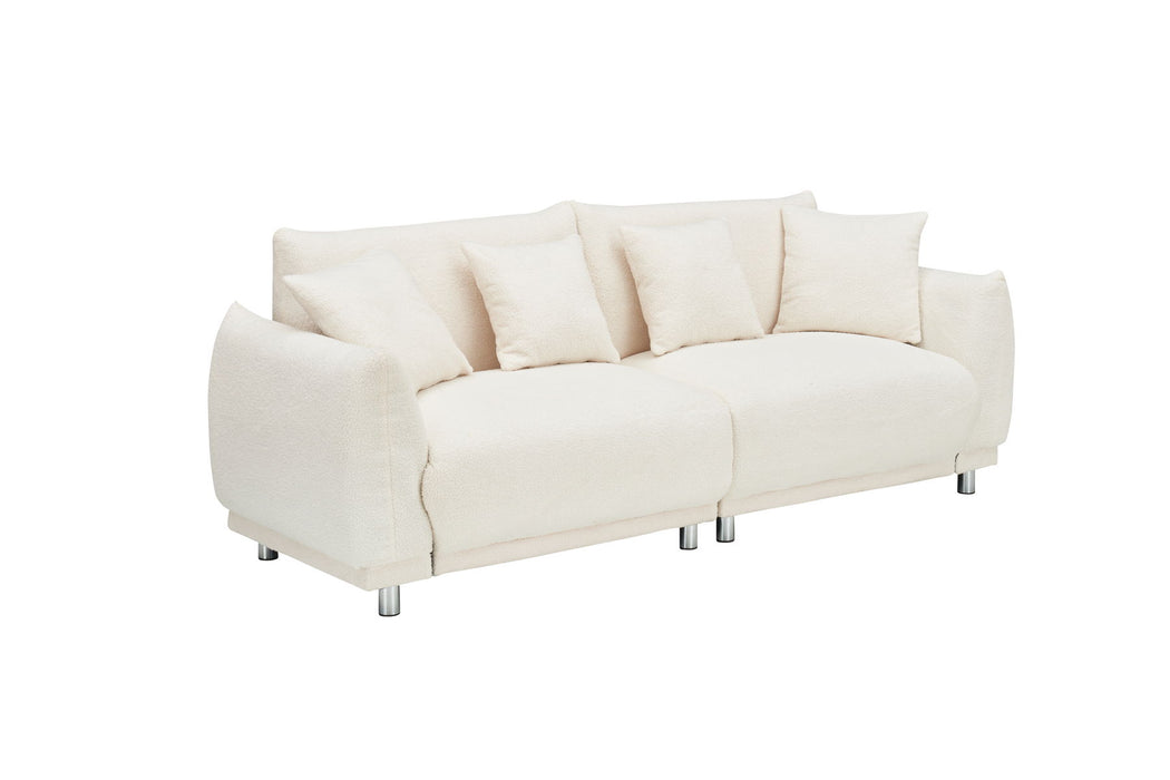 Teddy Wool Beige Sofa With Four Throw Pillows And Hardware Feet Can Sit Comfortably In An Apartment Bedroom Without Taking Up Space