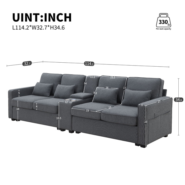 Upholstered Sofa With Console, 2 Cupholders And 2 USB Ports Wired Or Wirelessly Charged, Modern Linen Fabric Couches With 4 Pillows For Living Room, Apartment (4-Seat)