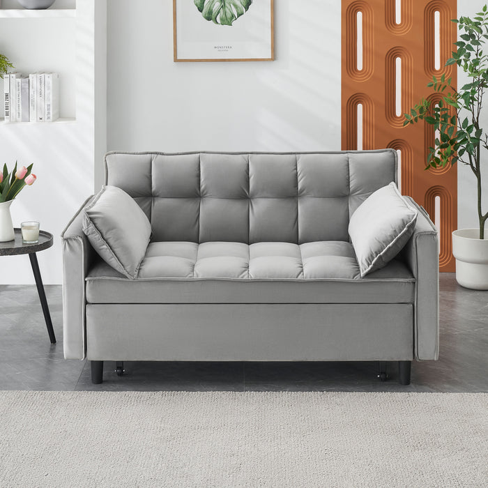 Modern Velvet Loveseat Futon Sofa Couch Pullout Bed, Small Love Seat Lounge Sofa With Reclining Backrest, Toss Pillows, Pockets, Furniture For Living Room, 3 In 1 Convertible Sleeper Sofa Bed - Gray