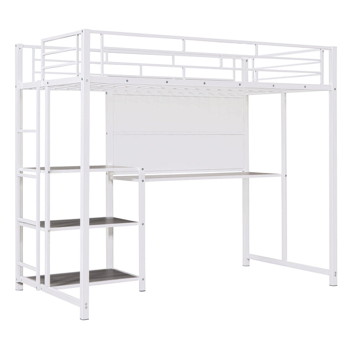 Twin Size Loft Bed With Desk And Whiteboard, Metal Loft Bed With 3 Shelves And Ladder - White