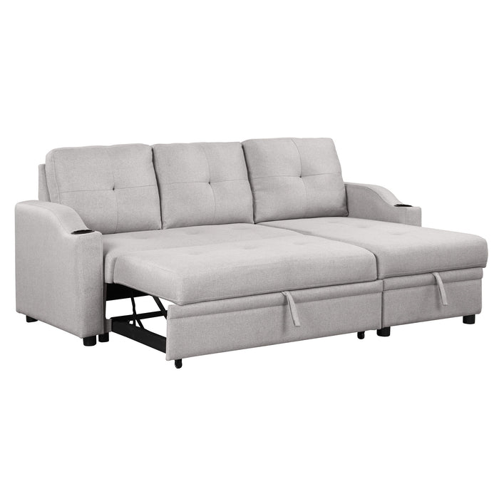 Pull Out Sofa Bed Modern Padded Upholstered Sofa Bed, Linen Fabric 3 Seater Couch With Storage Chaise And Cup Holder, Small Couch For Small Spaces