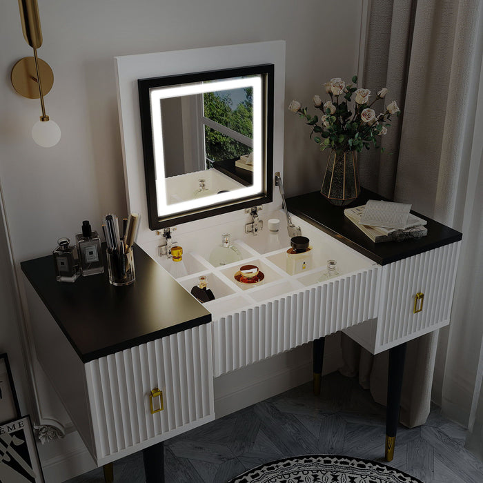 Modern Vanity Table Set With Flip-Top Mirror And Led Light, Dressing Table With Customizable Storage - White / Black