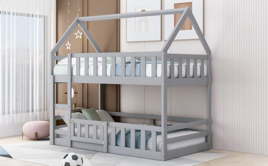 Twin Over Twin House Bunk Bed With Fence And Door - Gray