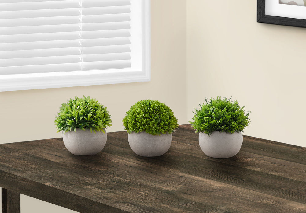 Artificial Plant, 5" Tall, Grass, Indoor, Faux, Fake, Table, Greenery, Potted, Decorative (Set of 3) - Green / Gray