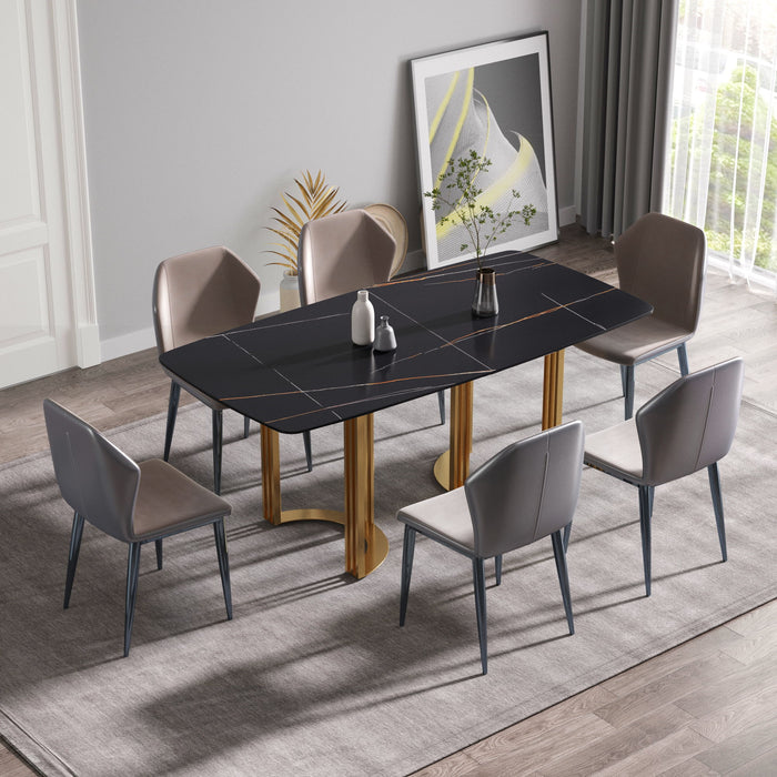 70.87" Modern Artificial Stone Black Curved Metal Leg Dining Table, Can Accommodate 6-8 People - Black / Gold