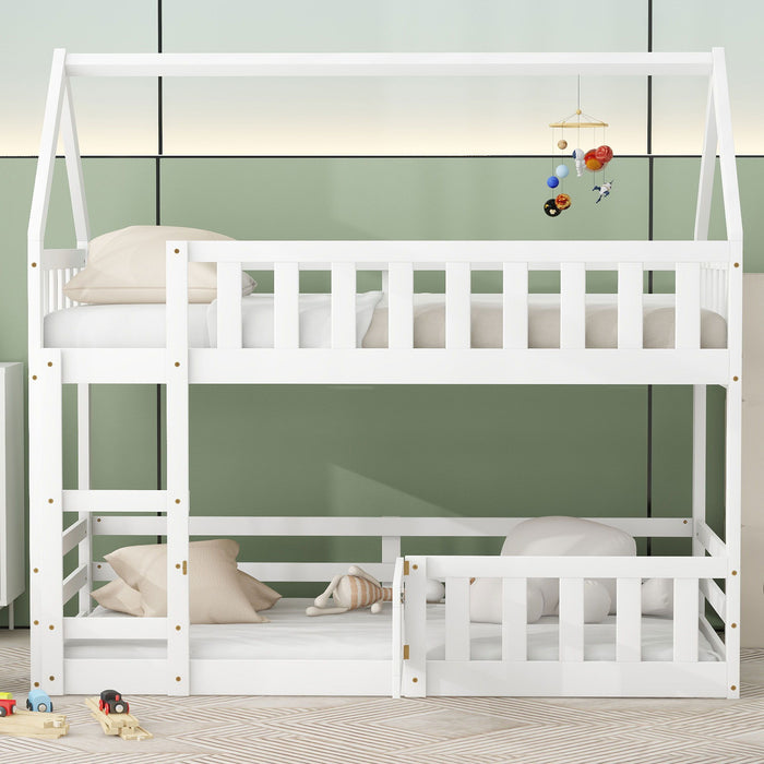 Twin Over Twin House Bunk Bed With Fence And Door - Gray