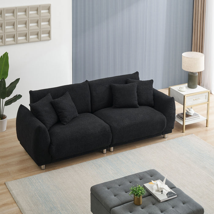 Teddy Fleece Sofa With Four Throw Pillows Hardware Feet Can Be Placed In The Apartment Bedroom To Sit Comfortably Without Taking Up Space - Black