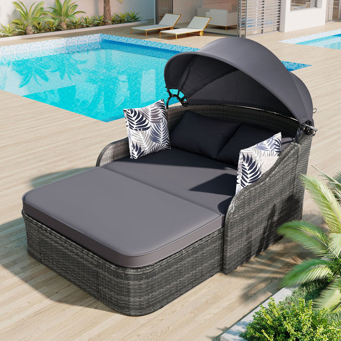 Outdoor Sunbed With Adjustable Canopy, Daybed With Pillows, Double Lounge, PE Rattan Daybed