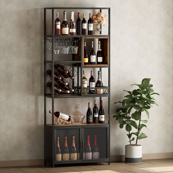 Industrial Tall Black Bar Wine Rack Cabinet With Glass Holder Wood Home Bar Cabinet - Walnut / Black