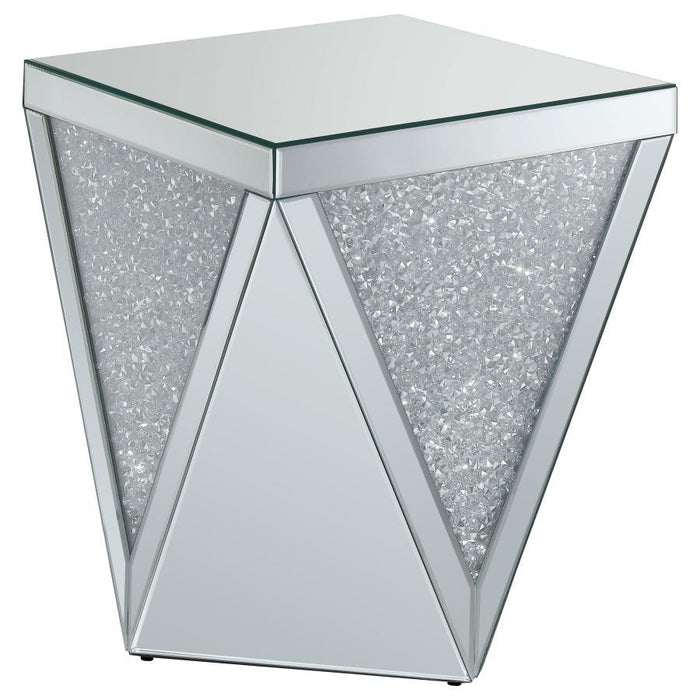 Square End Table With Triangle Detailing Silver And Clear Mirror