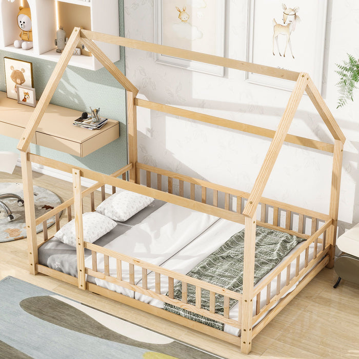 Floor Wooden Bed With House Roof Frame, Fence Guardrails