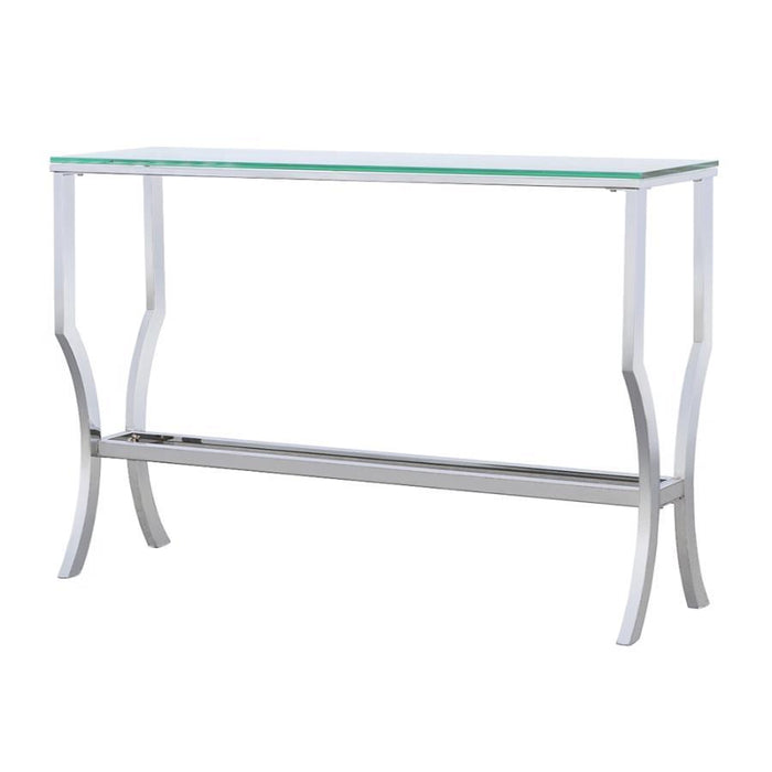 Living Room: Glass Top Occasional Tables - Rectangular Sofa Table With Mirrored Shelf Chrome