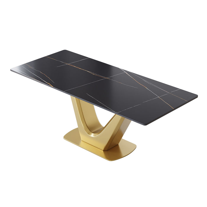 Modern Artificial Stone Panel V-Shaped Metal Legs, Can Accommodate 8 People - Black / Gold