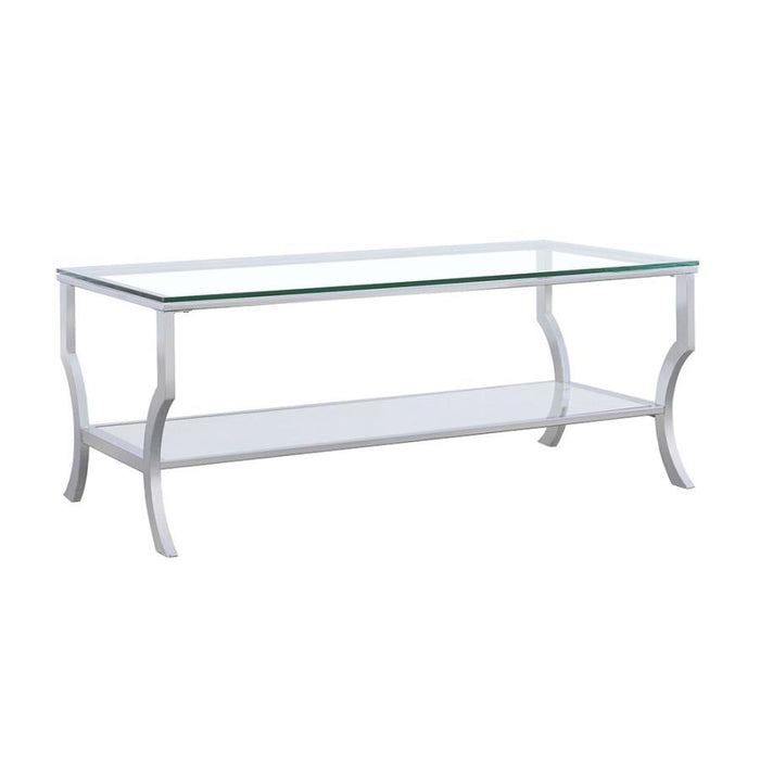 Living Room: Glass Top Occasional Tables - Rectangular Coffee Table With Mirrored Shelf Chrome