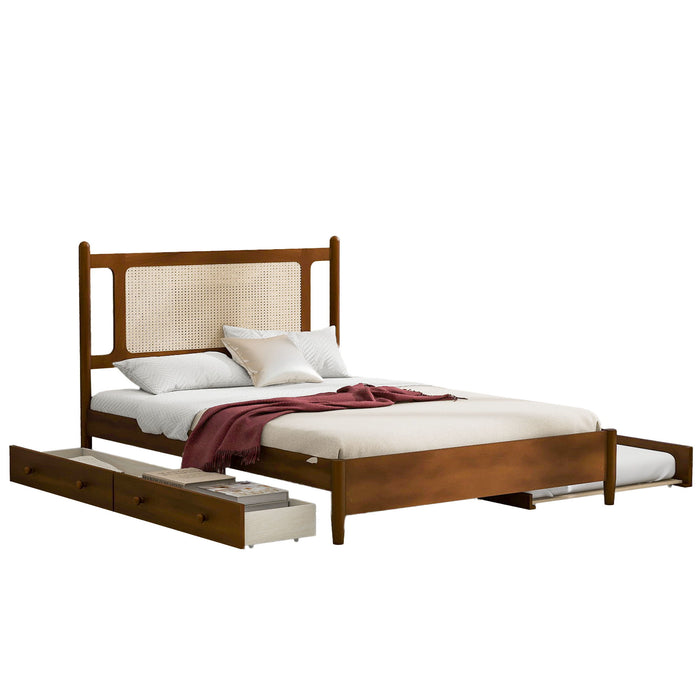 Wooden Rattan Platform Bed, With 2 Big Drawers & Trundle