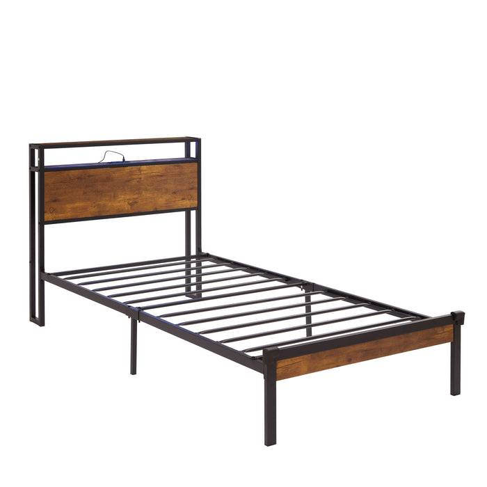 Twin Size Metal Platform Bed Frame With Wooden Headboard And Footboard With USB Liner, LED Lights, No Box Spring Needed, Large Under Bed Storage - Brown