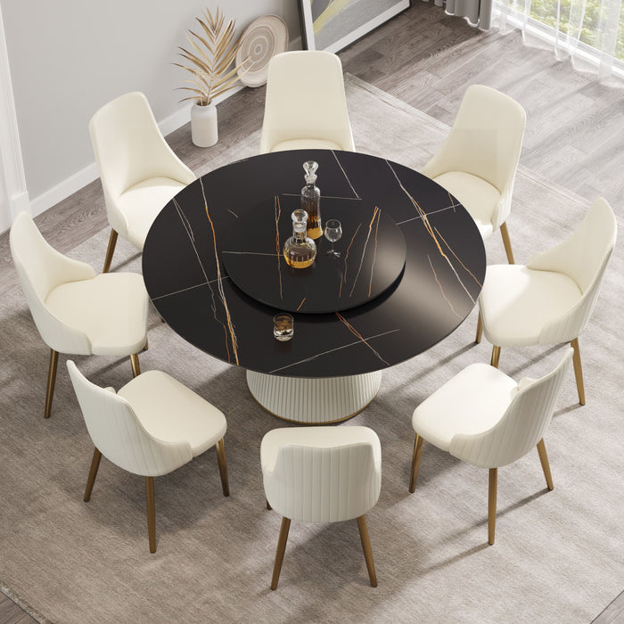 Modern Artificial Stone Round Plywood PU Base Dining Table, Can Accommodate 8 People Artificial Stone Turntable (Not Including Chairs) - Black / Beige