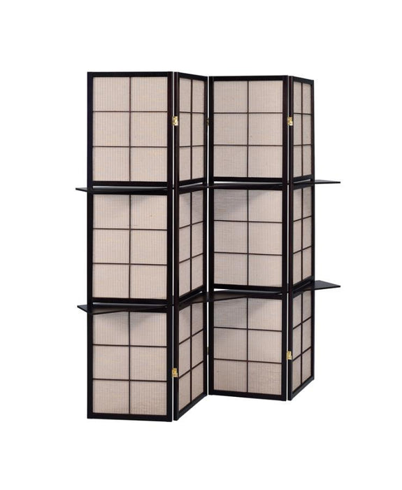 4-panel Folding Screen With Removable Shelves Tan And Cappuccino