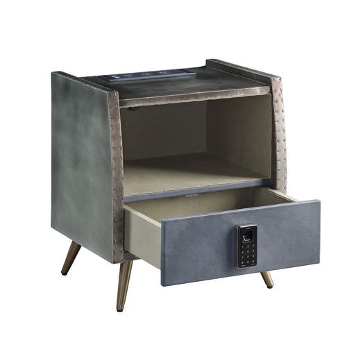 Doris - Nightstand - Gray Top Grain Leather & Aluminum