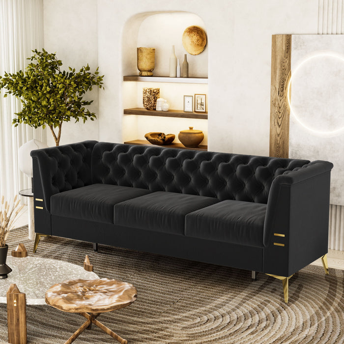 Fx-P83-Bk2 (Sofa) Luxurious Velvet Sofa With Gold Legs, Modern Chesterfield Design, Tufted Upholstery, 3-Seat Couch For Living Room And Office - Black