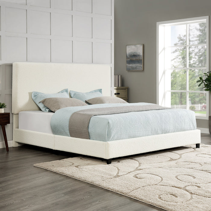 King Size Boucle Upholstered Platform Bed - White