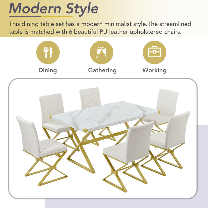 7 Piece Modern Dining Table Set, Rectangular Marble Texture Kitchen Table And 6 Chairs With X-Shaped Gold Steel Pipe Legs For Dining Room - White