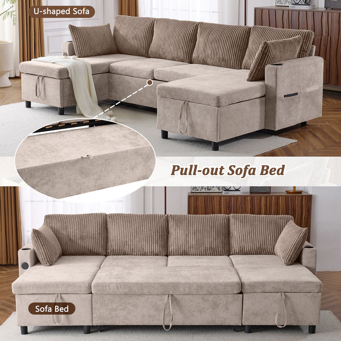 Sectional Sofa Pull Out Sofa Bed Versatile Sofa Sleeper With Large Storage Space, Two USB Ports And Two Cup Holders For Living Room