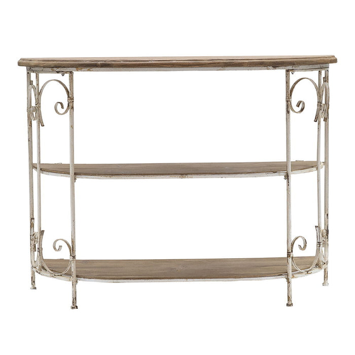 Three Tiered White Wooden Shelving Unit With Ornate Iron Frame - Multicolor