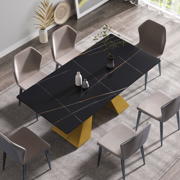 70.87" Modern Artificial Stone Straight Edge Golden Metal Leg Dining Table, Can Accommodate 6-8 People - Black / Gold