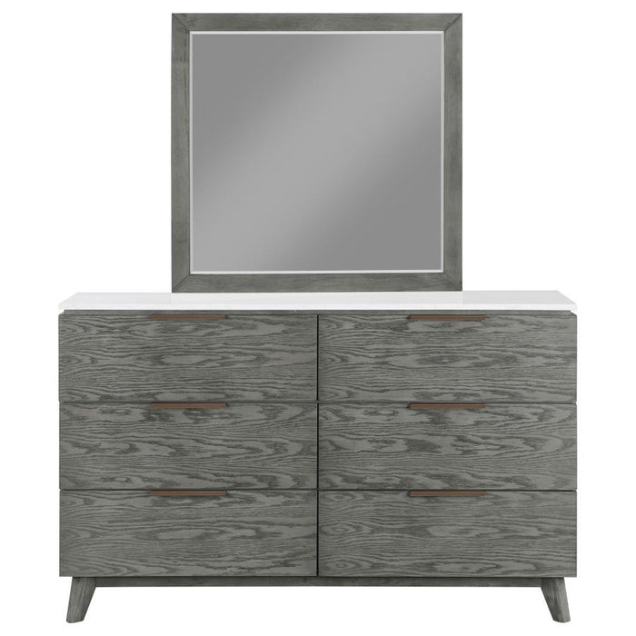 Nathan - 6-Drawer Dresser With Mirror - White Marble And Grey