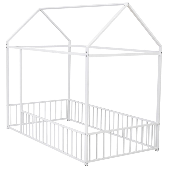 Twin Size Metal Bed House Bed Frame With Fence, For Kids, Teens, Girls, Boys