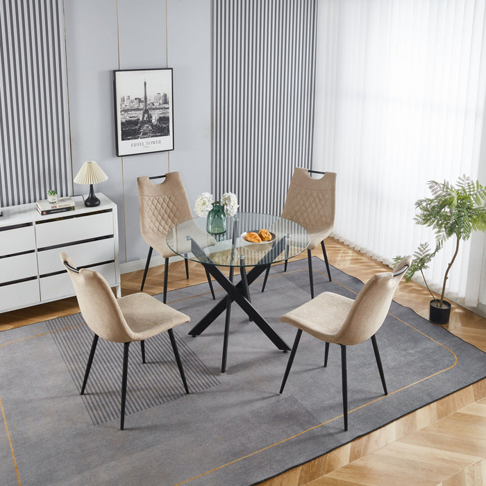 5 Pieces Dining Set, Table Metal Leg Mid-Century Dining Table For 4 - 6 People With Glass Table Top, Pedestal Dining Table, End Table Leisure Coffee Table - Beige / Black