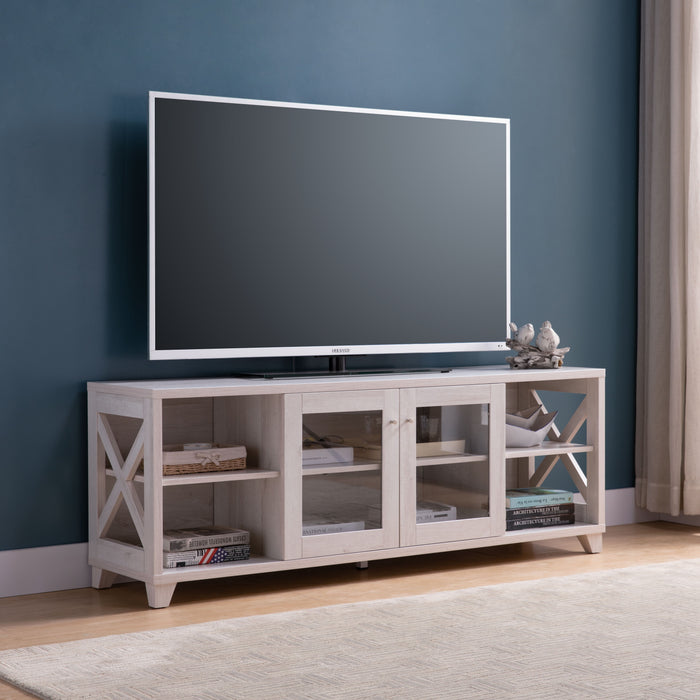 TV Stand With Four Side Shelves And Center Transparent Cabinet Craftsman Style Entertainment Center - White Oak