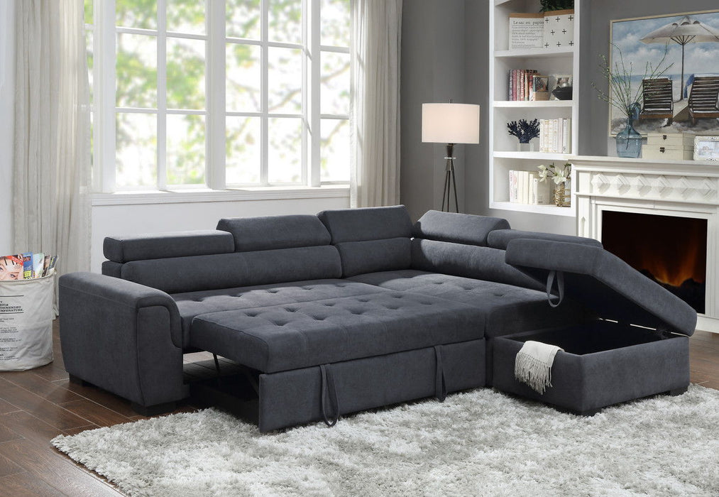 Haris - Fabric Sleeper Sofa Sectional With Adjustable Headrest And Storage Ottoman - Dark Gray