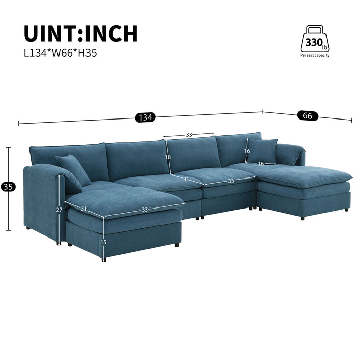 Chenille Modular Sectional Sofa, U Shaped Cloud Couch Set With Double Cushions, 6 Seat Sleeper Sofa Bed With Ottomans, Oversized Indoor Furniture For Living Room