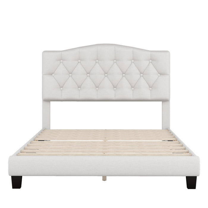 Full Upholstered Platform Bed With Saddle Curved Headboard And Diamond Tufted Details - Beige