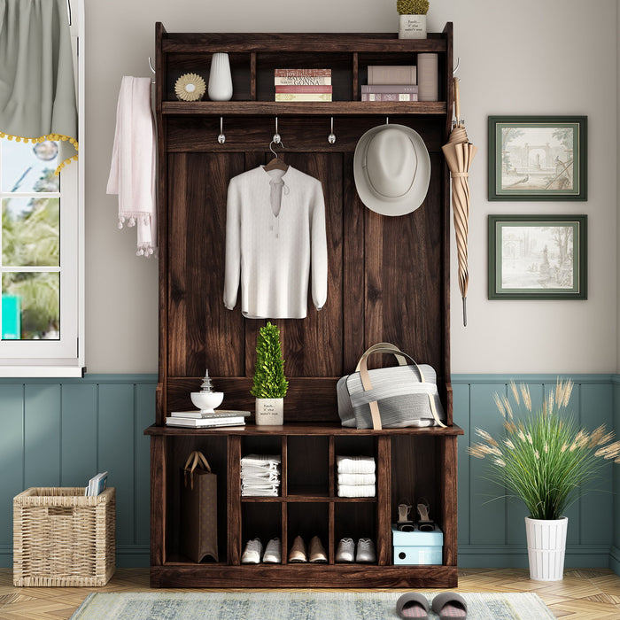 Hall Tree With 6 Hooks, Coat Hanger, Entryway Bench, Storage Bench, 3 In 1 Design, For Entrance, Hallway