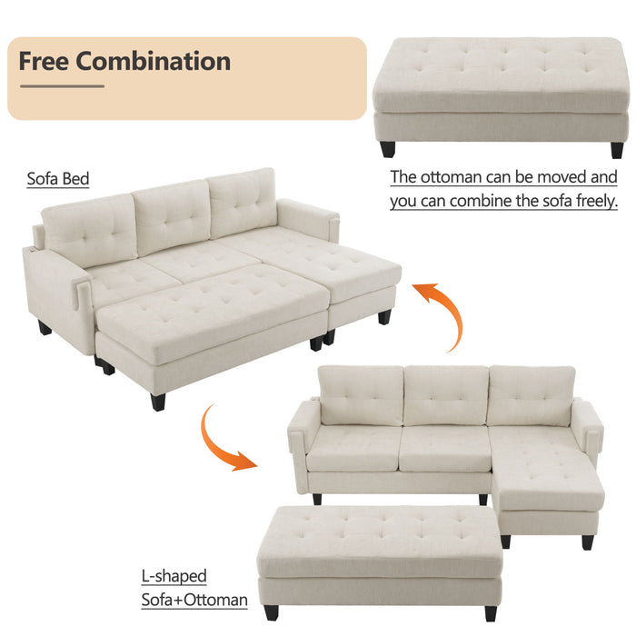 L Shaped Sofa Sectional Couch Sofa Bed With Two USB Ports, A Movable Ottoman And A Reversible Chaise Lounge For Living Room