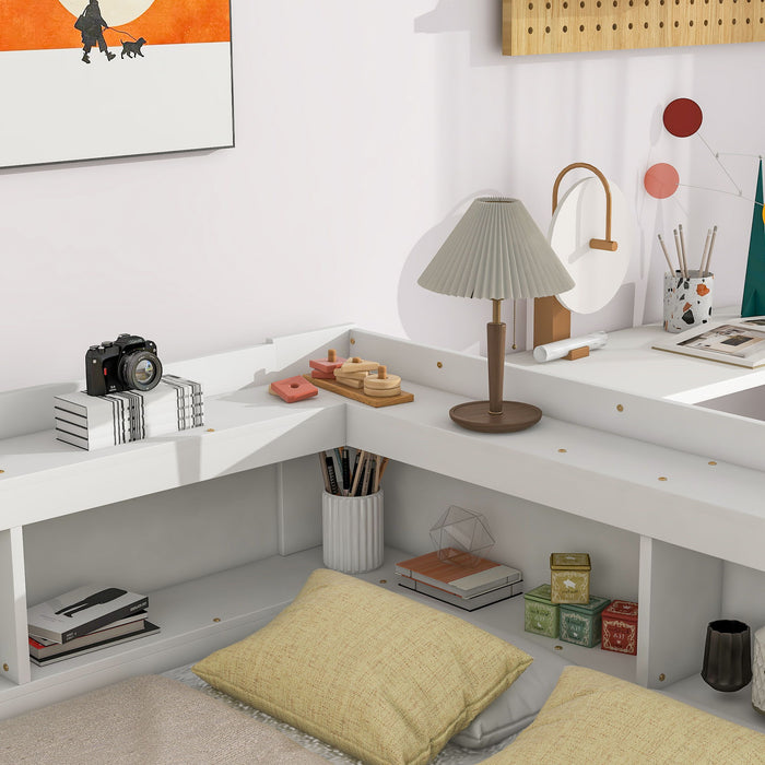 Full Bed With L-Shaped Bookcases, Drawers - White