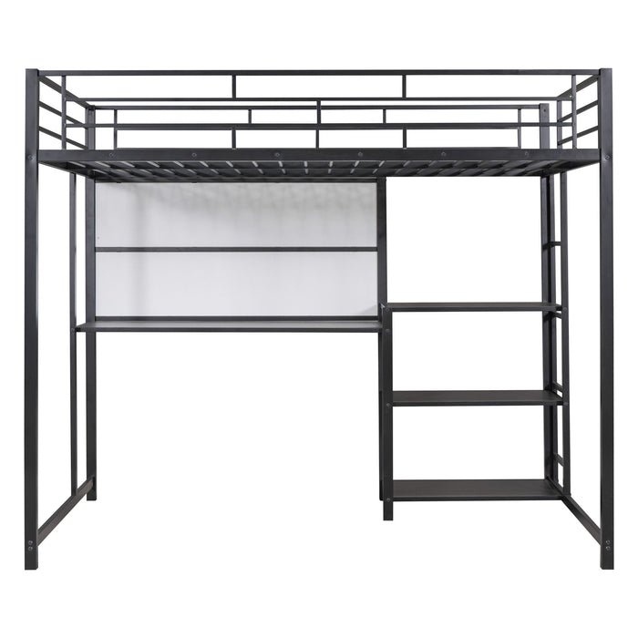 Full Size Loft Bed With Desk And Whiteboard, Metal Loft Bed With 3 Shelves And Ladder - Black