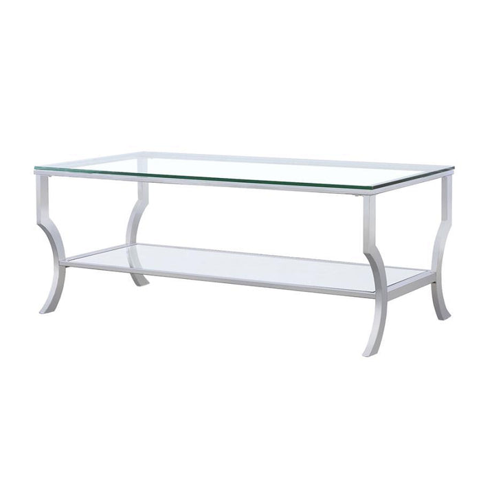 Living Room: Glass Top Occasional Tables - Rectangular Coffee Table With Mirrored Shelf Chrome