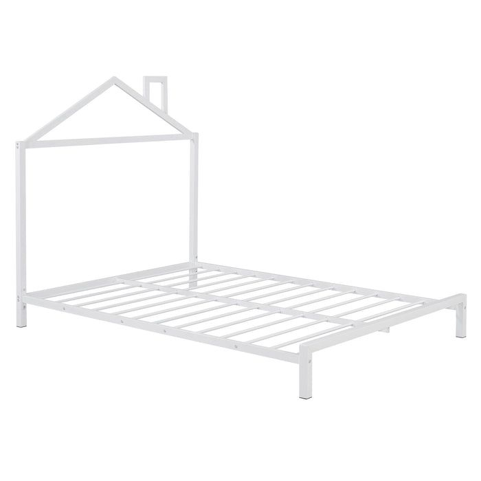 Full Size Metal Platform Bed With House-Shaped Headboard Design